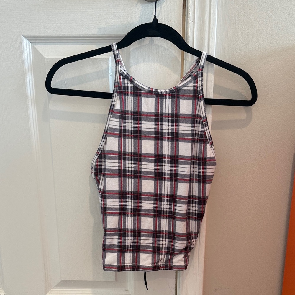 Mikano plaid crop top with lace up back